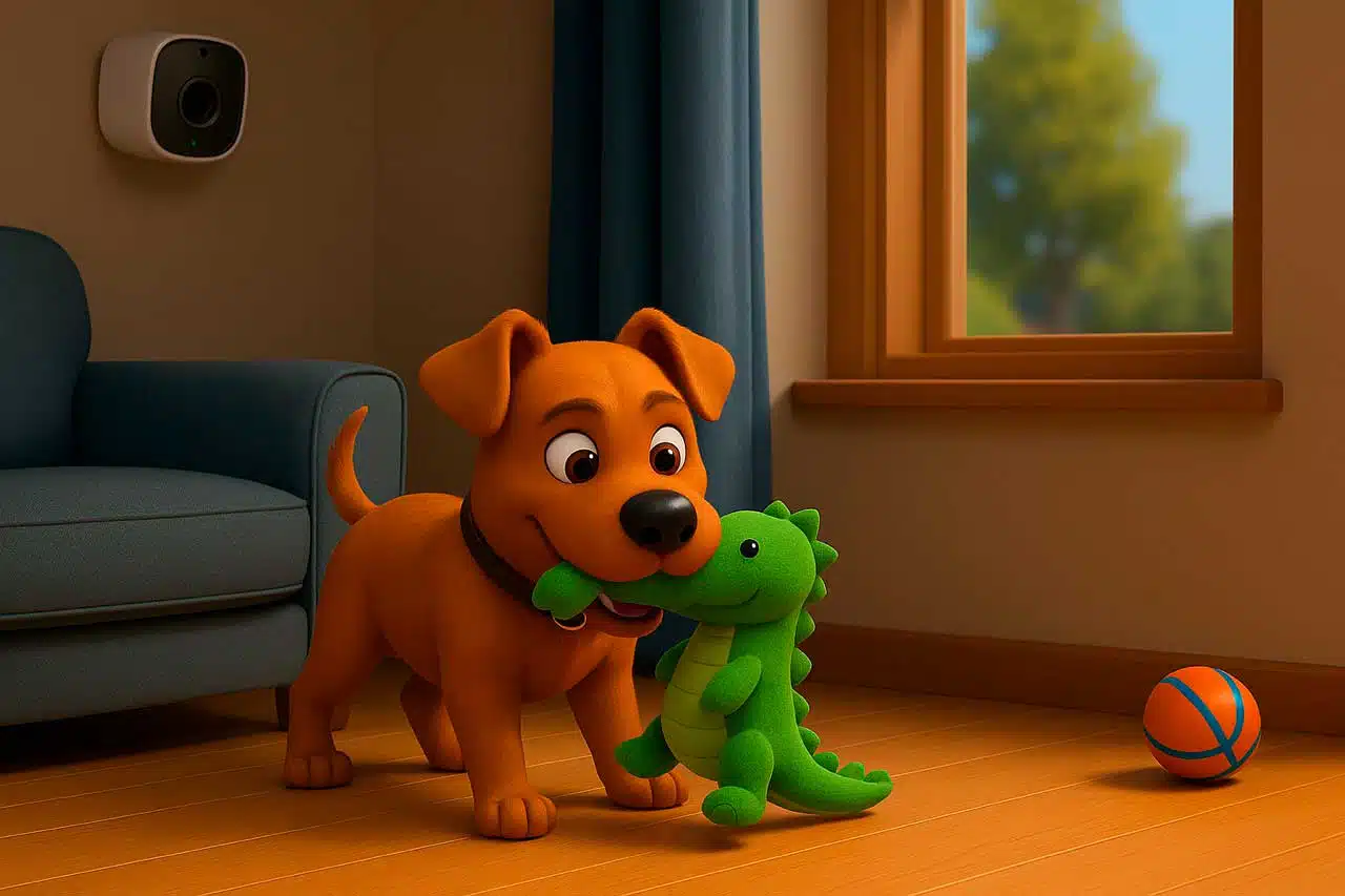 Perro juega mientras la alarma detecta que es una mascota