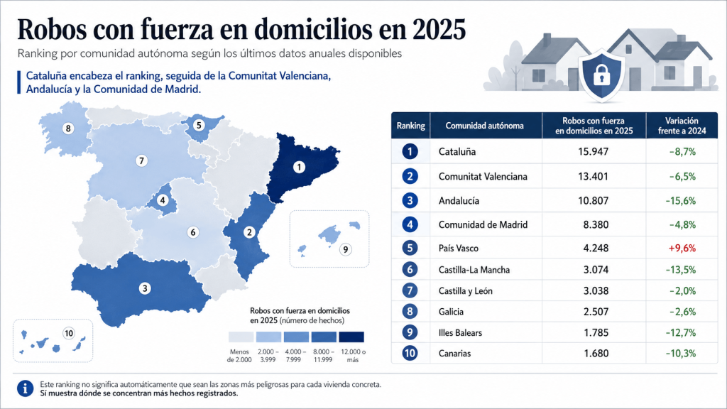 Mapa de robos en viviendas por comunidad autónoma en España en 2025